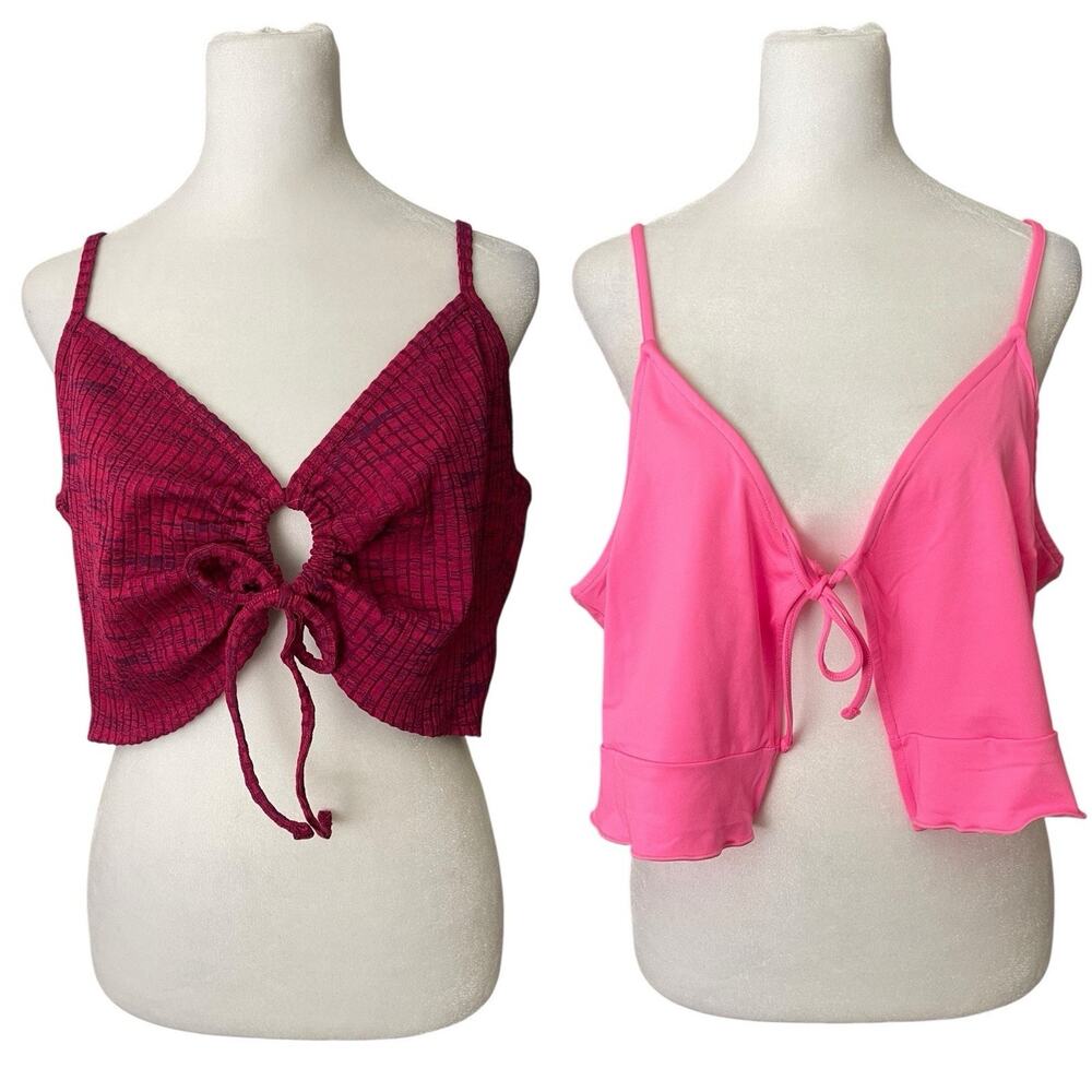 Set of 2 H&M Womens XL Crop Top Tee Tank Maroon Hot Pink Spaghetti Strap Vneck